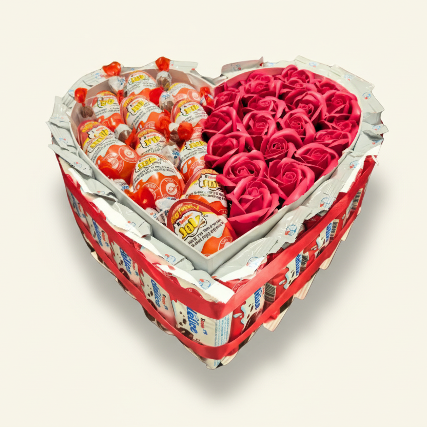 מארז קינדרים ענק בצורת לב עם פרחים | דינוס