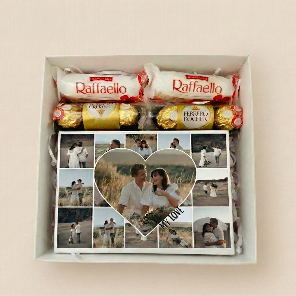 בלוק עץ מעוצב עם קולאז תמונות אישיות